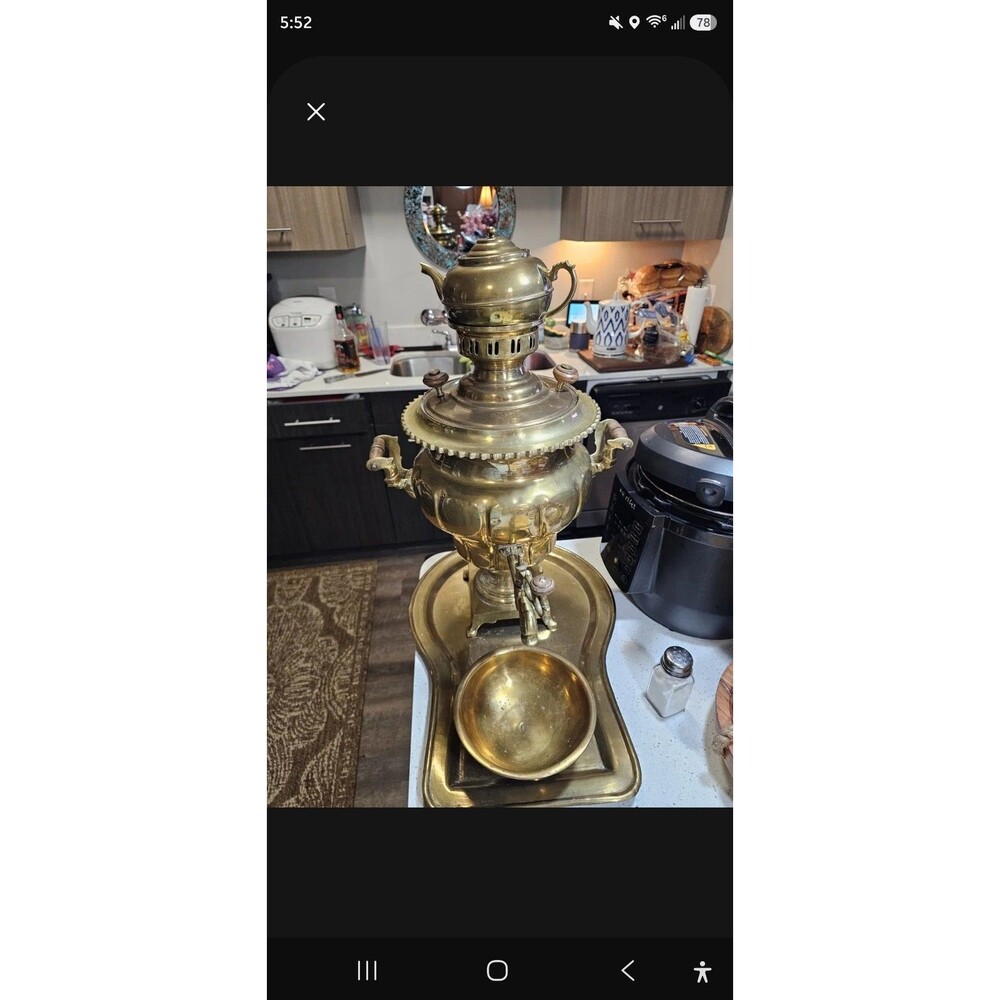 Antique Persian Brass Samovar Set 22" Islami Brothers Marked Teapot Tray Bowl